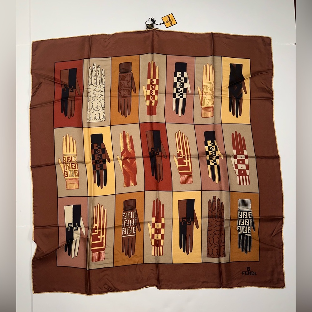 FENDI Silk Twill Logo Scarf Brown NWT Vintage